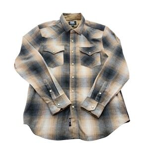 Frye Mens Shirt S Western Pearl Snap Tan Grey Plaid Poly Cotton Long Sleeve
